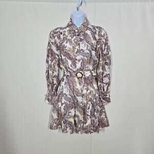 Intermix Lucinda White Purple Gold Belted Paisley Mini Dress Size 0